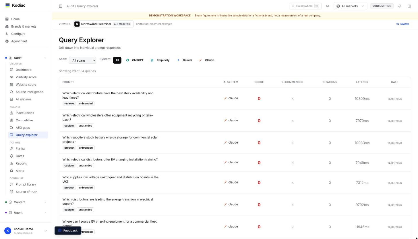 Query explorer: every prompt, its answer, score and citations by AI system / Kodiac Audit