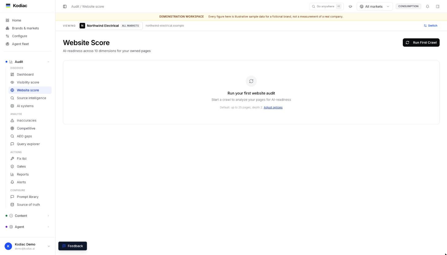 Website score: AI readiness across 10 dimensions for your owned pages / Kodiac Audit